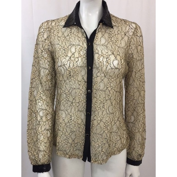 Issi Beige Black Lace Sequins Trim Top Size M - Picture 2 of 7